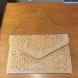 Beige vegan leather clutch with chain with Gold Link Chain Strap